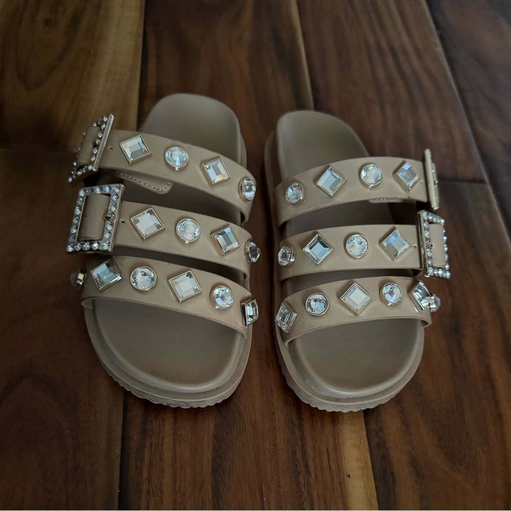 Kids Tan Sandals with Rhinestone Accents